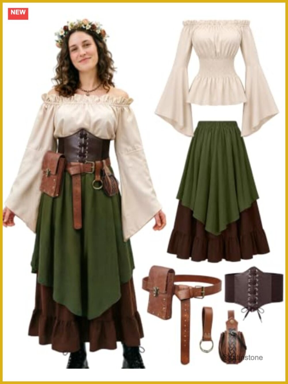 7PC Renaissance Costume Women Ren Faire Medieval Skirt Dress Corset Belt